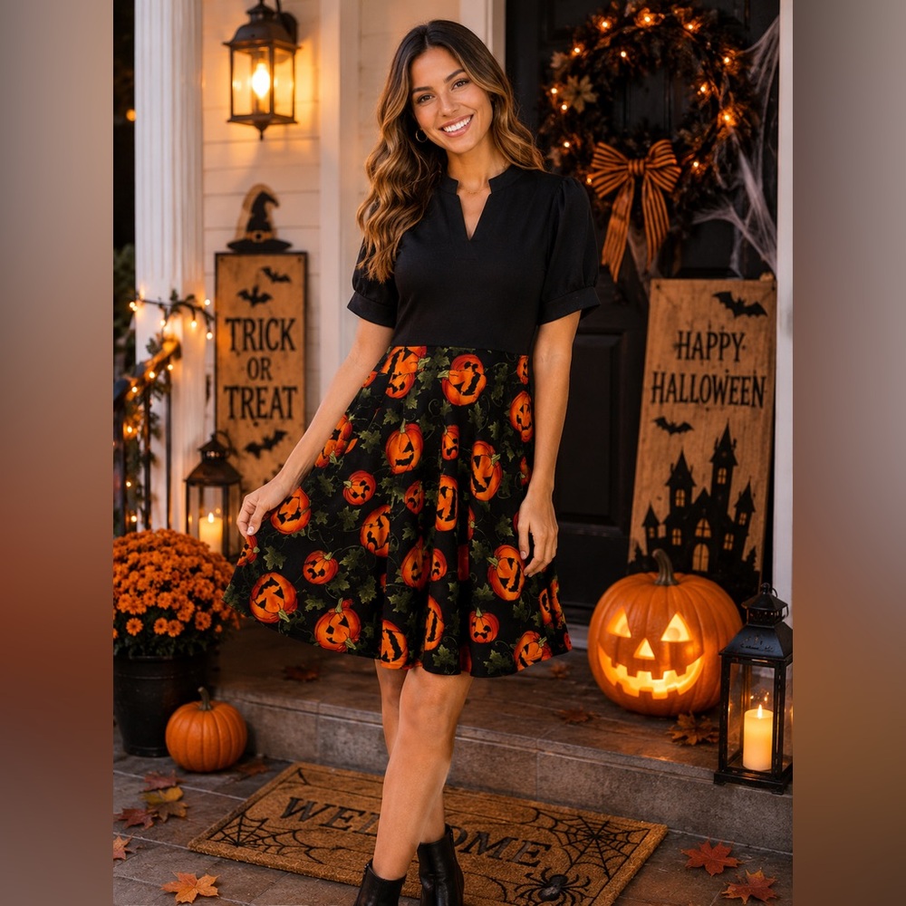 Women's Black Dress with Orange Pumpkin Print Skirt